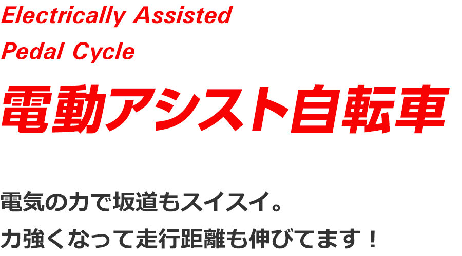 Electrically Assisted Pedal Cycle 電動アシスト自転車 電気の力で坂道もスイスイ。力強くなって走行距離も伸びてます！